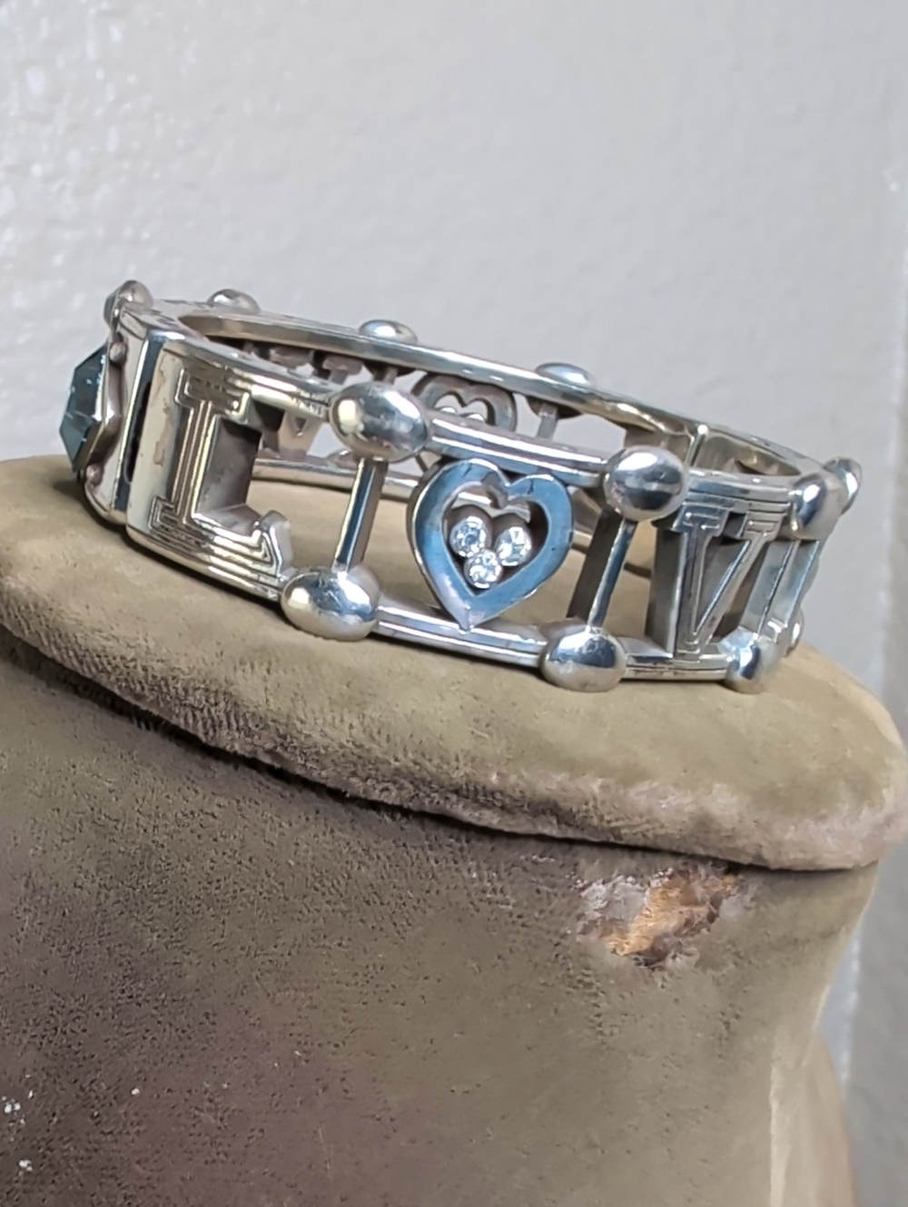 Brighton Silver Tone Heart 'LOVE' Rhinestone Women's Hinged Bangle Bracelet